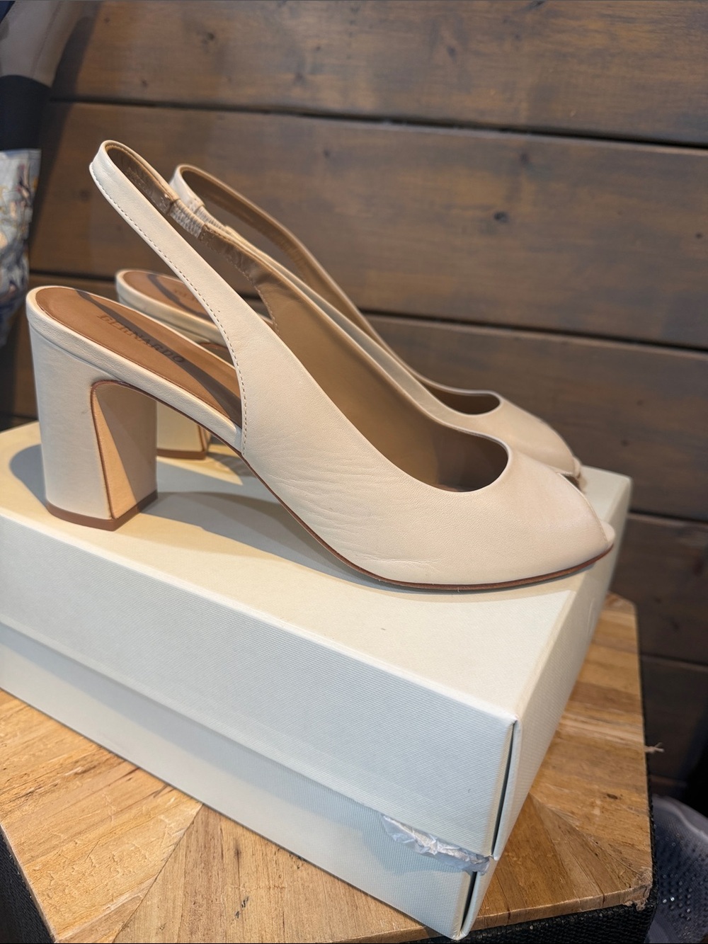 Bernardo Cream Slingback Peep-Toe Block Heel Sandals